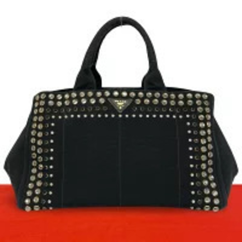 Prada Canapa Triangle Canvas Saffiano Leather Studded Tote Bag Black